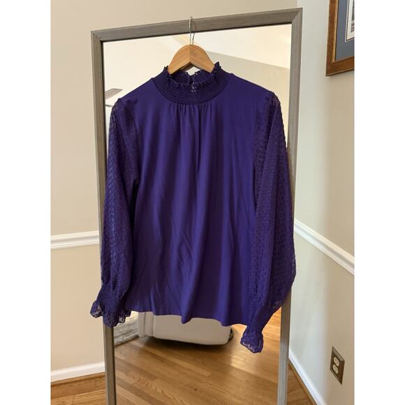 Talbots Purple WOVEN SLEEVE SMOCKED TOP Size Large Medium NWT - Picture 2 of 8